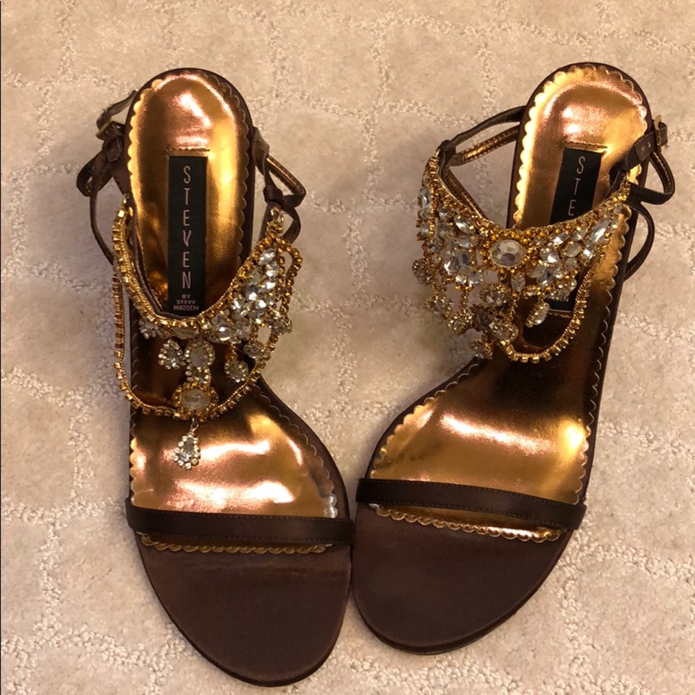 Brown and gold Steve Madden heels with crystals